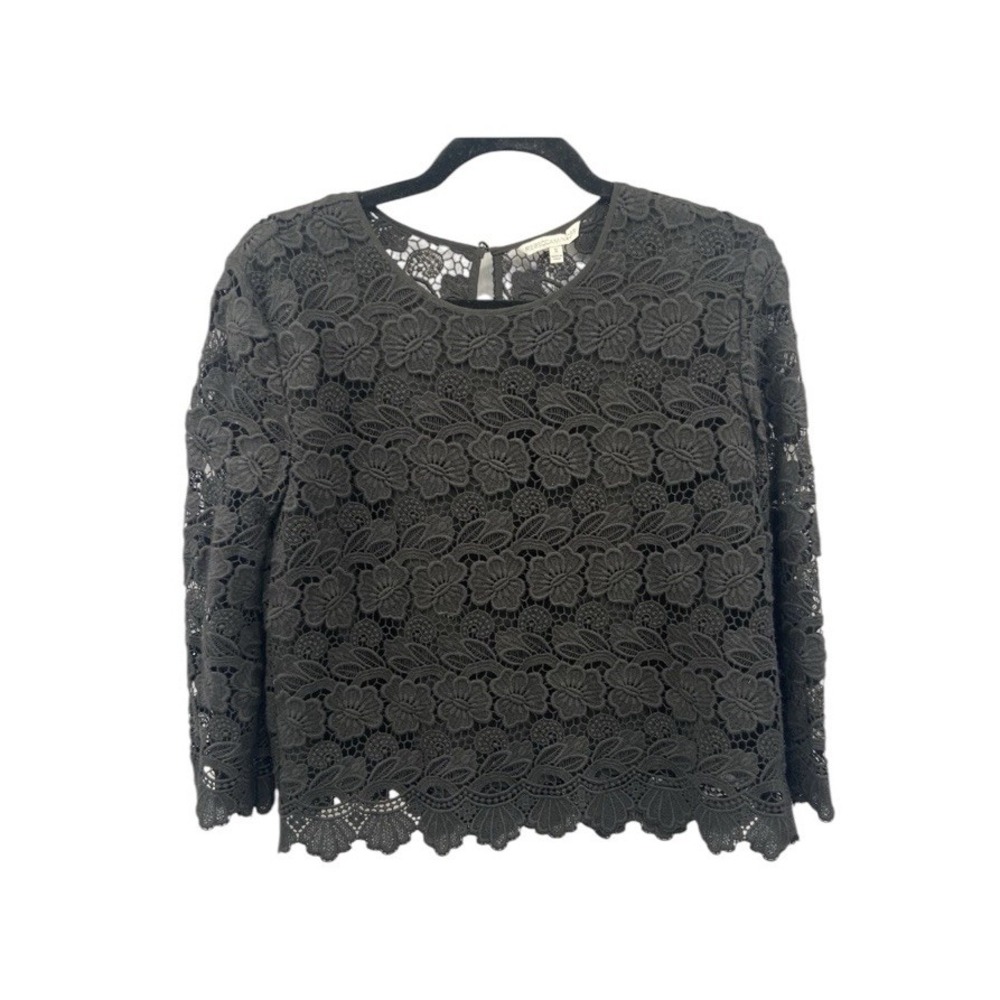 Rebecca Minkoff Rayna Black Lace 3/4 Sleeve Crop Keyhole Back Blouse Size Small